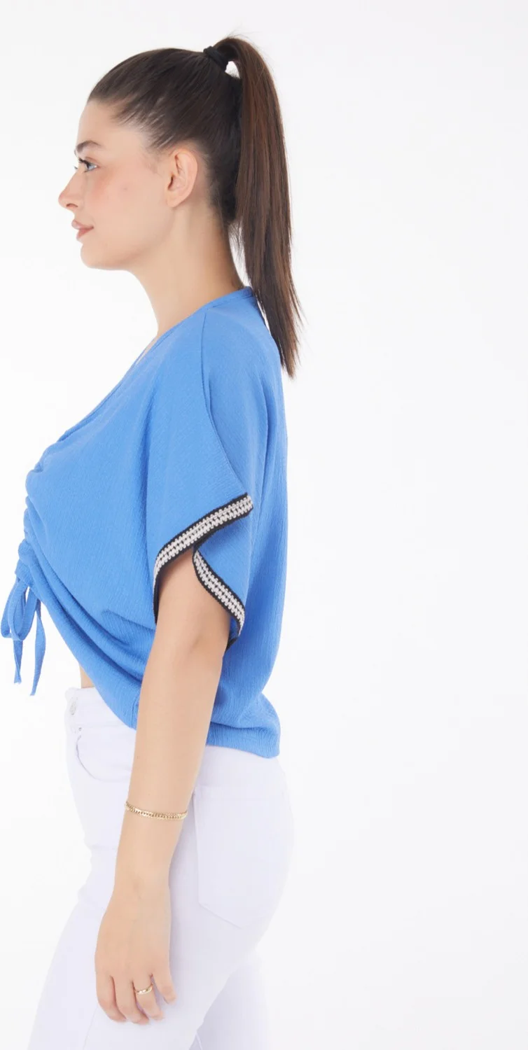 Tofisa Plain Medium Women's Blue V Neck Gathered Detail Blouse - 25837