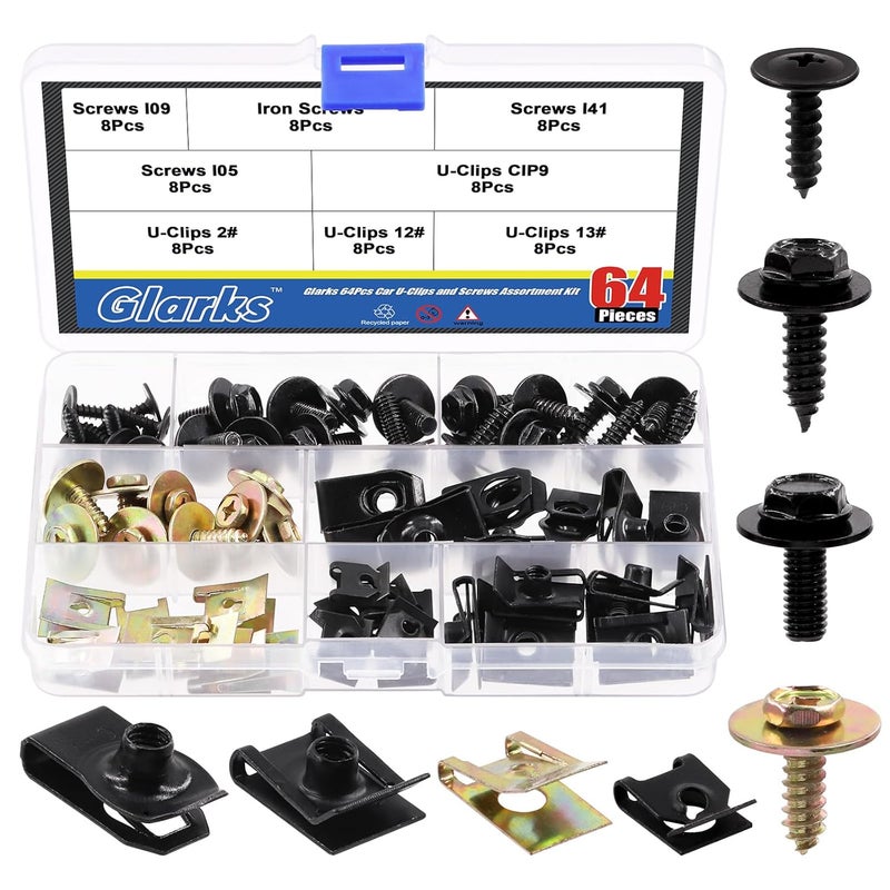 Glarks 64Pcs 8 Sizes Screw Bolt Nut Retainer Car Engine Under Cover Splash Shield Guard Body Bolts Bumper Fender Liner Push Retainer Fastener Rivet Clips Assortment Kit - Image 1