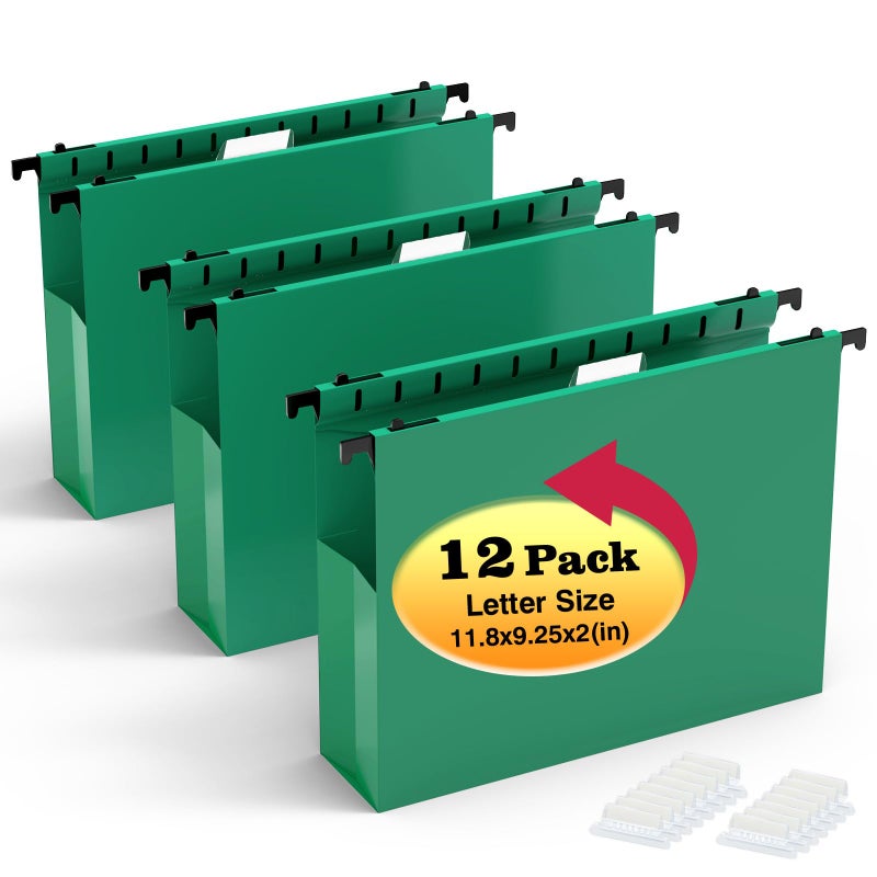SHUTEX Extra Capacity Plastic Hanging File Folders,12 Pack Reinforced Expanding Hang Folder Letter Size,Accordian Pocket,Heavy Duty 2 Inch Expansion,Hanging Folder Organizer for Office Home,Green - Image 1