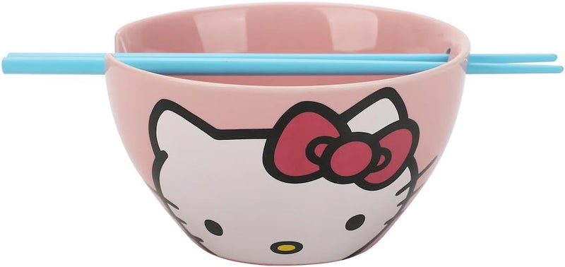 Bioworld Hello Kitty Big Face 20 Oz Pink Ramen Bowl With Chopsticks - Image 1