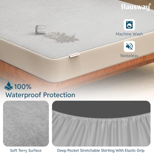 HAUSWAY Mattress Protector | Waterproof Terry Cotton Mattress Cover for Single Bed 72"x36" (6x3 Feet) | Breathable, Washable, Fitted Elastic Skirting, Colour - Grey - Image 3