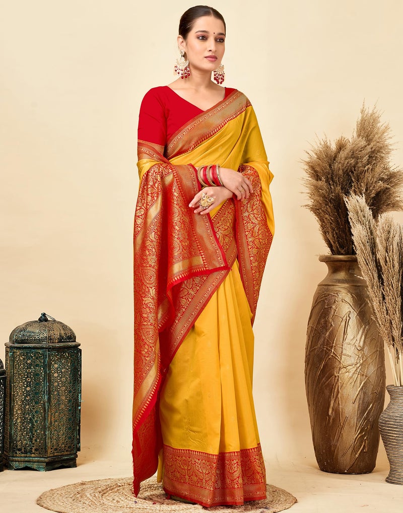 SIRIL Jacquard Silk Saree For Women Letest Design With Unstitched Blouse Piece (4181S111A_Yellow) - Image 3