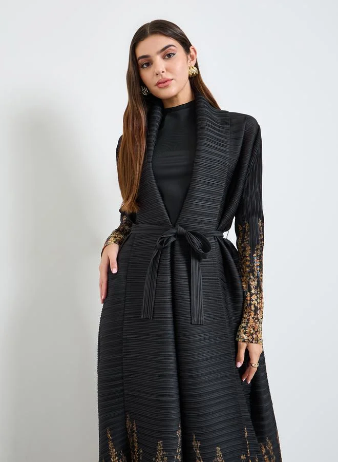 تايك تو Printed Textured Pleated Open Front Abaya