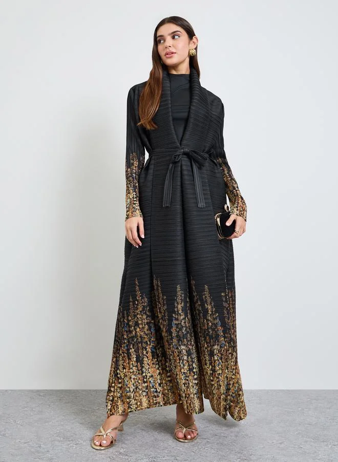 تايك تو Printed Textured Pleated Open Front Abaya