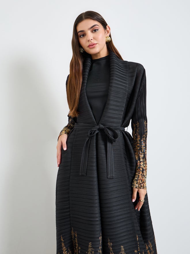 Take Two Printed Textured Pleated Open Front Abaya - Image 2