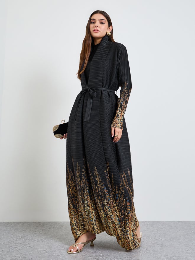 Take Two Printed Textured Pleated Open Front Abaya - Image 3