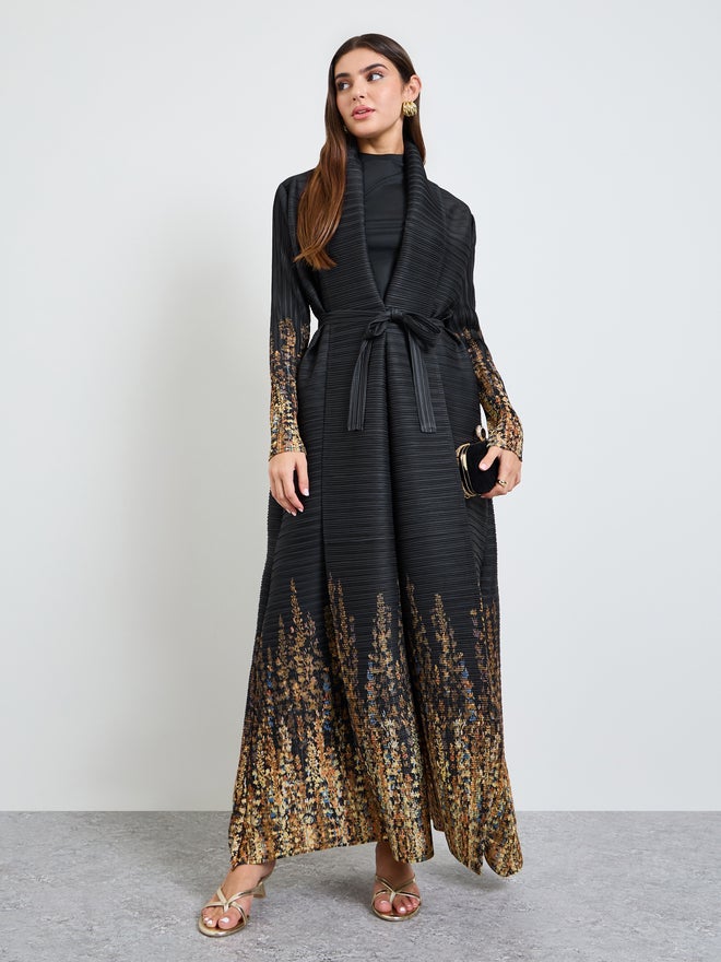 Take Two Printed Textured Pleated Open Front Abaya - Image 1