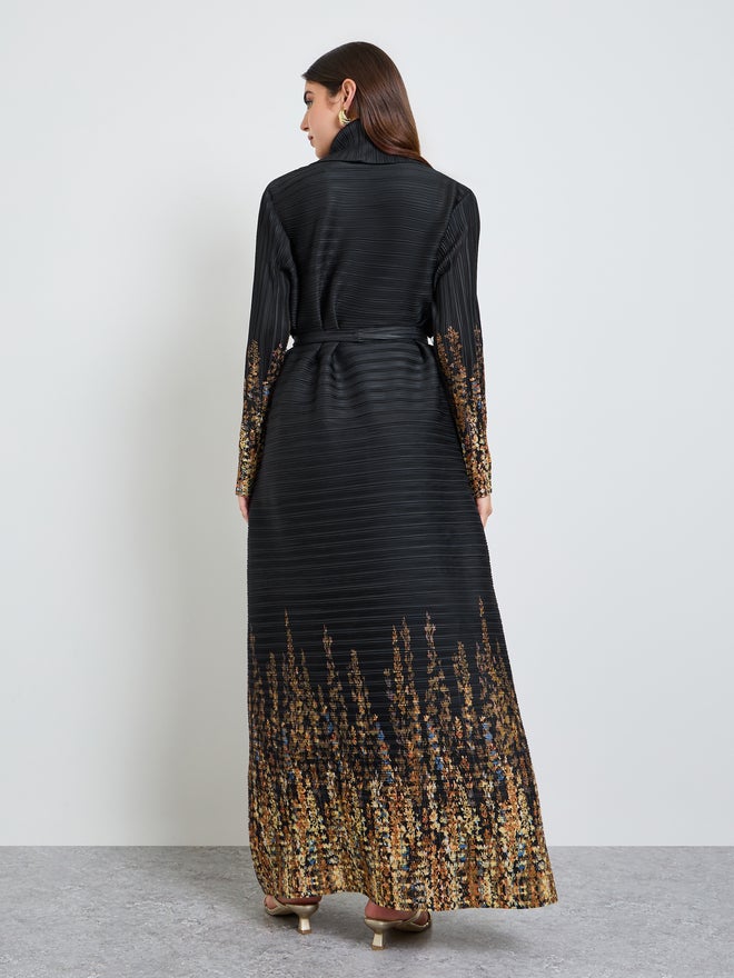 Take Two Printed Textured Pleated Open Front Abaya - Image 5