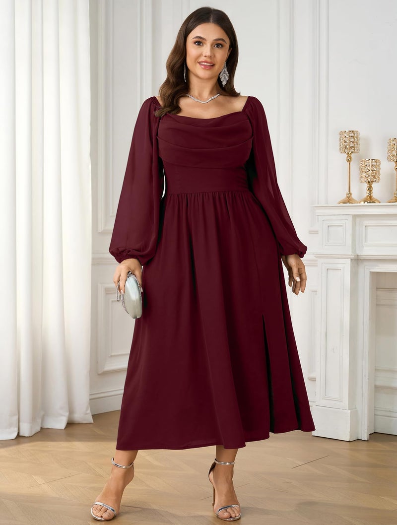 SHESTARR Women's Plus Size Dress Chiffon Long Sleeve Cowl Neck Wedding Guest Cocktail Party Maxi Dress Burgundy - Image 5
