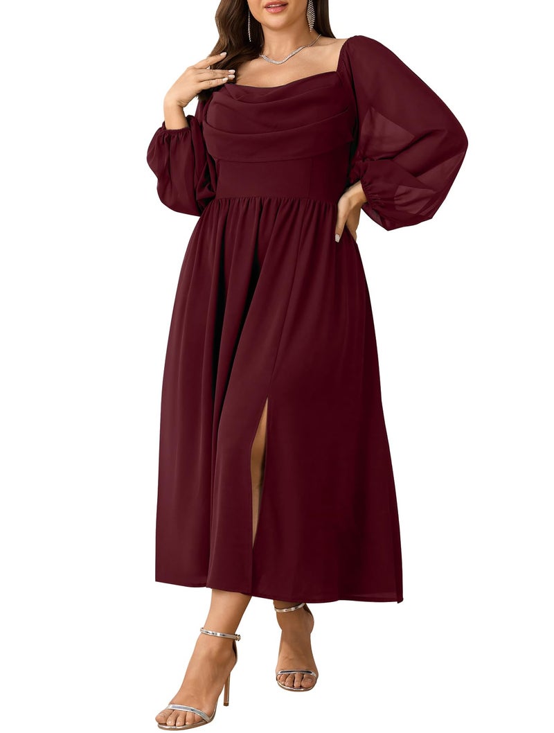 SHESTARR Women's Plus Size Dress Chiffon Long Sleeve Cowl Neck Wedding Guest Cocktail Party Maxi Dress Burgundy - Image 1