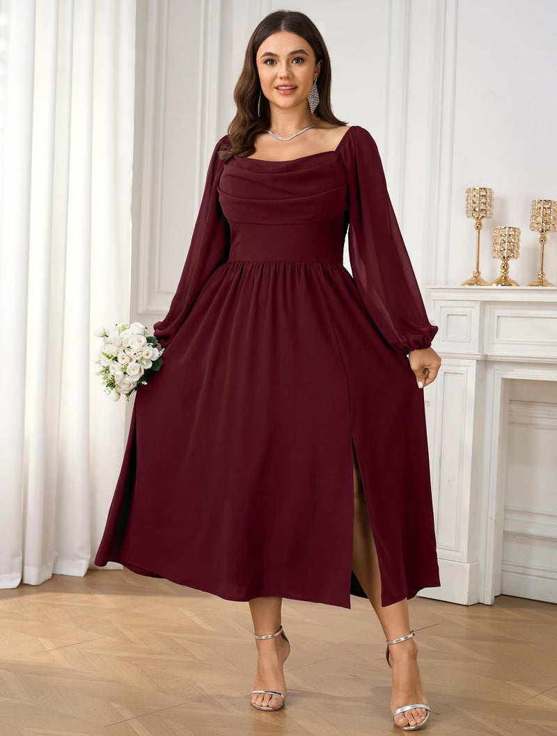 SHESTARR Women's Plus Size Dress Chiffon Long Sleeve Cowl Neck Wedding Guest Cocktail Party Maxi Dress Burgundy - Image 4