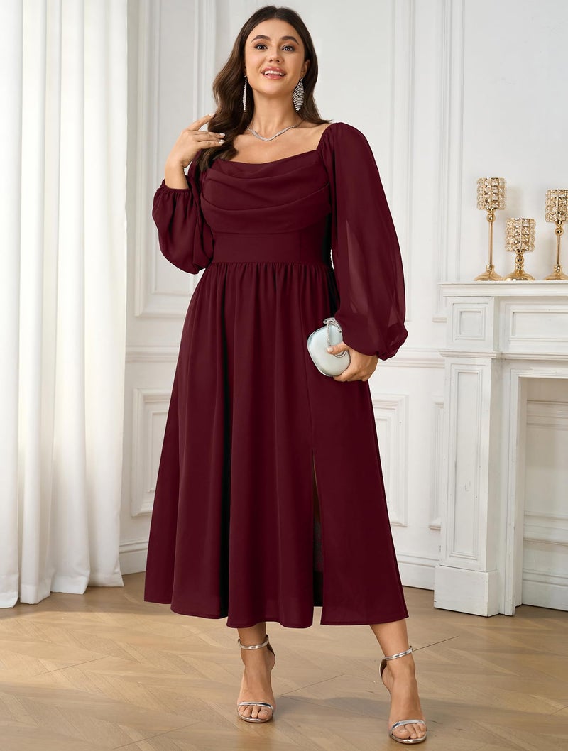 SHESTARR Women's Plus Size Dress Chiffon Long Sleeve Cowl Neck Wedding Guest Cocktail Party Maxi Dress Burgundy - Image 2