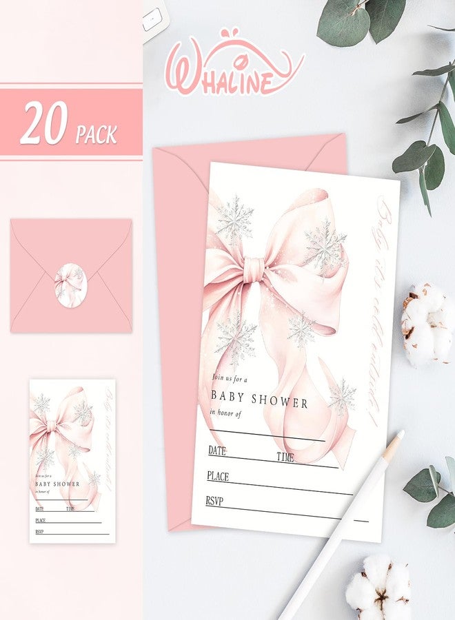 وولاين مجموعة دعوات حفل استقبال مولود شتوي من والين، ٢٠ مجموعة، بطاقات دعوة مزينة بفيونكة عيد الميلاد الوردية وندفة الثلج مع أظرف وملصقات، دعوات فارغة لأعياد الميلاد، ٥ × ٧ بوصة - Image 3