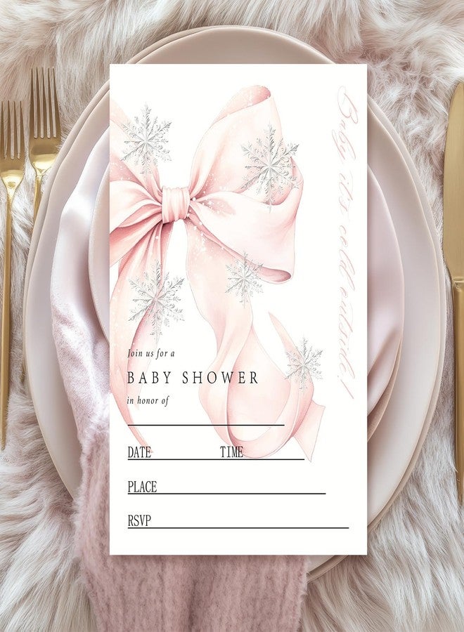 وولاين مجموعة دعوات حفل استقبال مولود شتوي من والين، ٢٠ مجموعة، بطاقات دعوة مزينة بفيونكة عيد الميلاد الوردية وندفة الثلج مع أظرف وملصقات، دعوات فارغة لأعياد الميلاد، ٥ × ٧ بوصة - Image 1