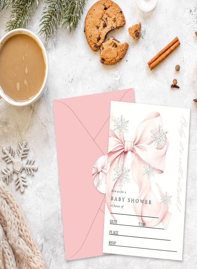 وولاين مجموعة دعوات حفل استقبال مولود شتوي من والين، ٢٠ مجموعة، بطاقات دعوة مزينة بفيونكة عيد الميلاد الوردية وندفة الثلج مع أظرف وملصقات، دعوات فارغة لأعياد الميلاد، ٥ × ٧ بوصة - Image 4