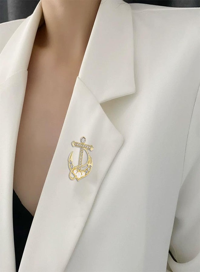 Shejuety Exquisite women's boat anchor brooch inlaid with cubic zirconia, suitable for button scarves button badges lapels needle skirts fabrics hats bags and other accessories jewelry gifts (Golden ship anchor) - Image 2