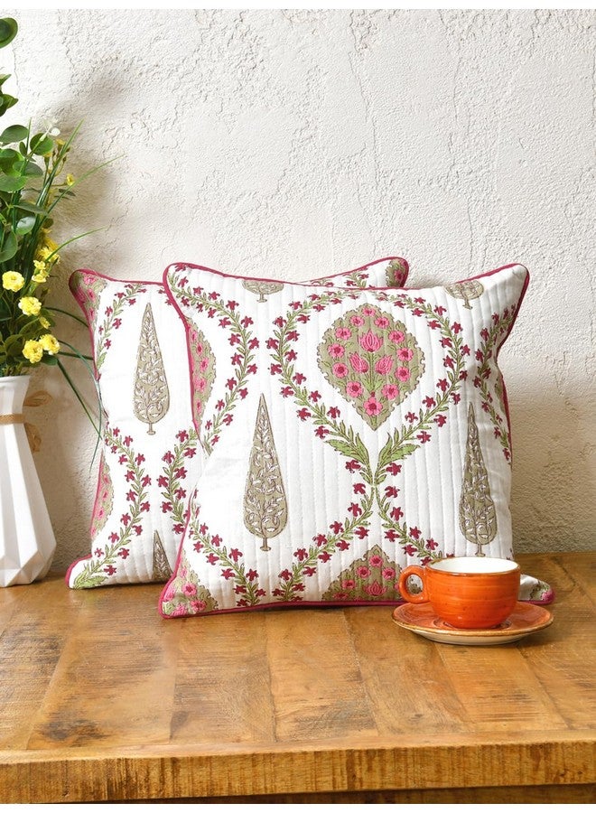 Clasiko Cotton 300 TC Cushion Covers Set Of 2; 22X22 Inches; Pink Beige Block Print - Image 1
