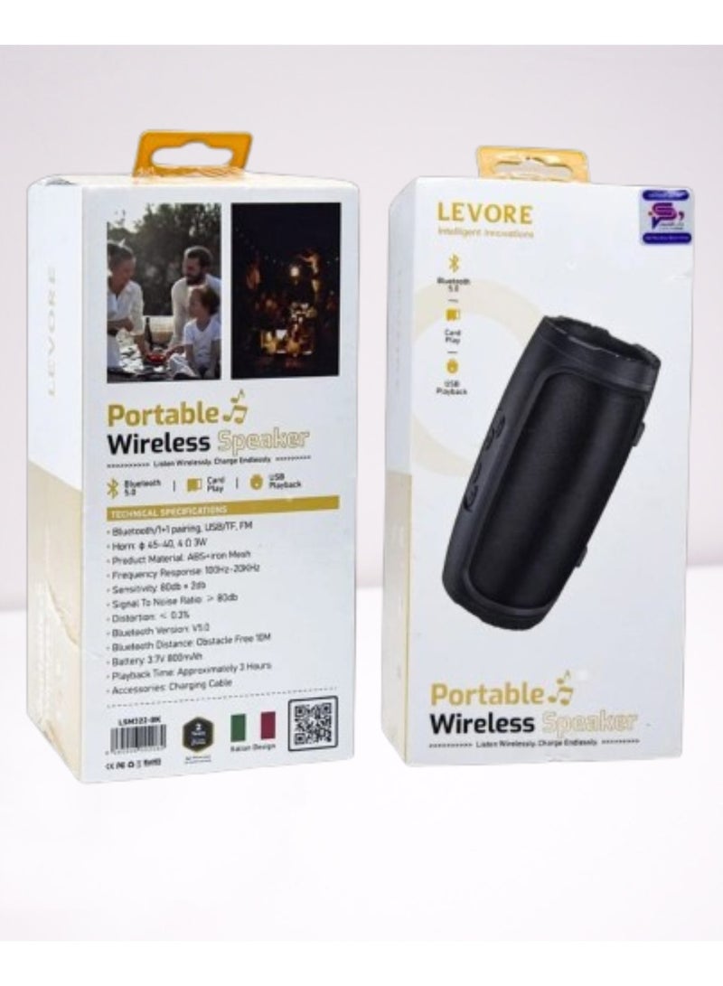 ليفور مكبر صوت لاسلكي محمول بتقنية البلوتوث LSM322-BK من LEVORE - نطاق متقدم 10 أمتار، خرج 3 وات، تشغيل متعدد المصادر (USB/TF/FM)، حساسية 80 ديسيبل، وبطارية قوية 3.7 فولت 800 مللي أمبير في الساعة لتجربة موسيقية سلسة - Image 2