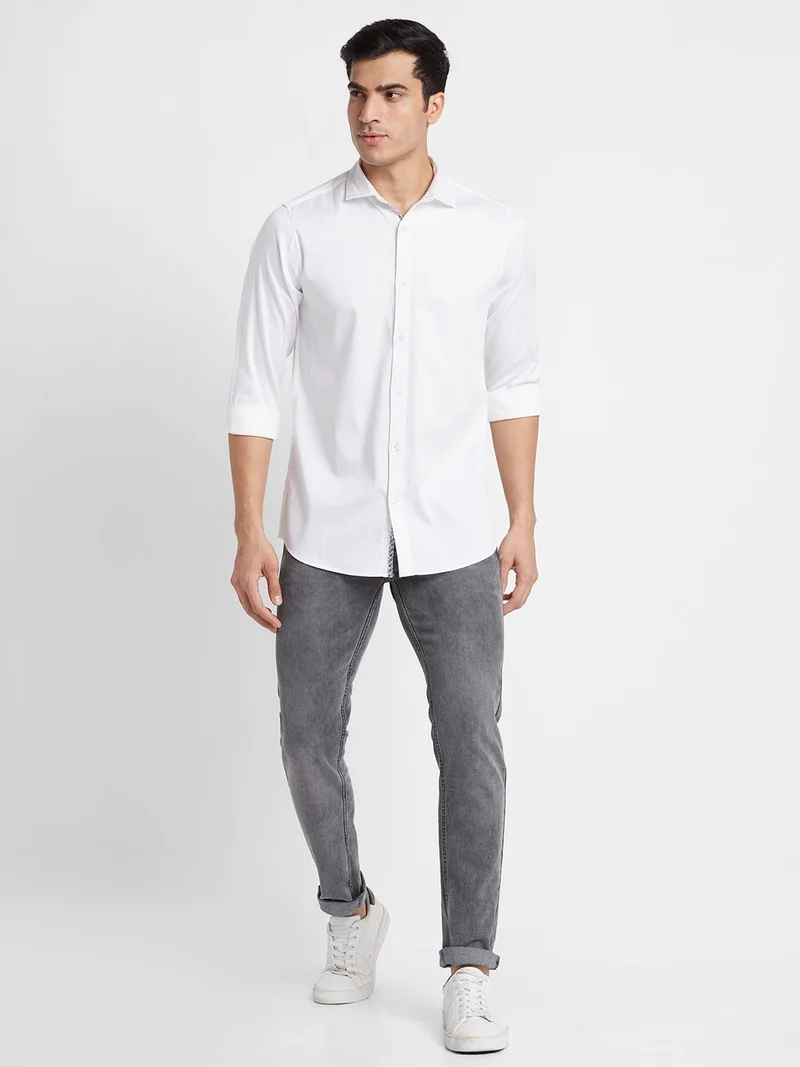جلو باص قميص رجالي أبيض سادة قطن بقصة عادية كاجوال