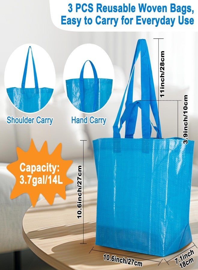 RAINFLOW Reusable Grocery Bags - 3 Pcs Blue Grocery Shopping Bags Reusable Woven Polypropylene Shopping Bags With Handles Foldable Waterproof Plastic Grocery Tote Shopping Bag For Shopping Storage - Image 2