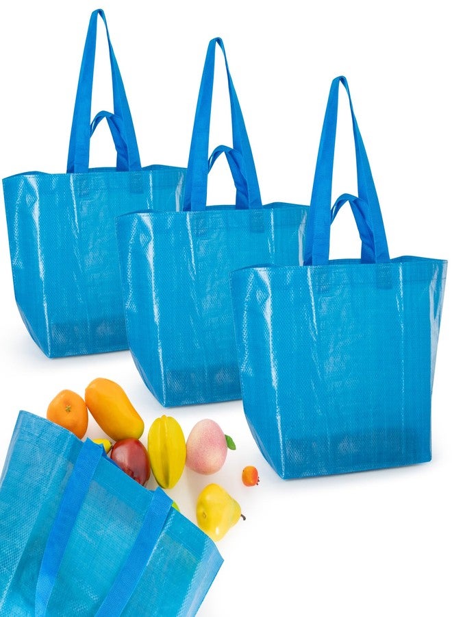 RAINFLOW Reusable Grocery Bags - 3 Pcs Blue Grocery Shopping Bags Reusable Woven Polypropylene Shopping Bags With Handles Foldable Waterproof Plastic Grocery Tote Shopping Bag For Shopping Storage - Image 1