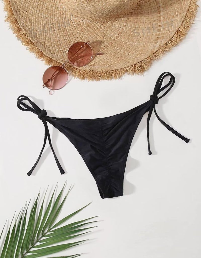 TZLDN Bikini Bottoms for Women Sexy Cheeky Side Tie Scrunch Butt Brazilian String Thong Swimsuit Bathing Suit Bottoms Black - Small - Image 5