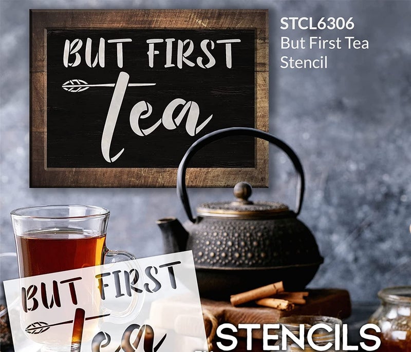 Ivana's But First Tea Quote Stencil with Leaf | Simple, Minimalist | Craft DIY Coffee Bar, Station, Kitchen Decor | Paint Wood Sign | Size (12 x 8 inches) - Image 3