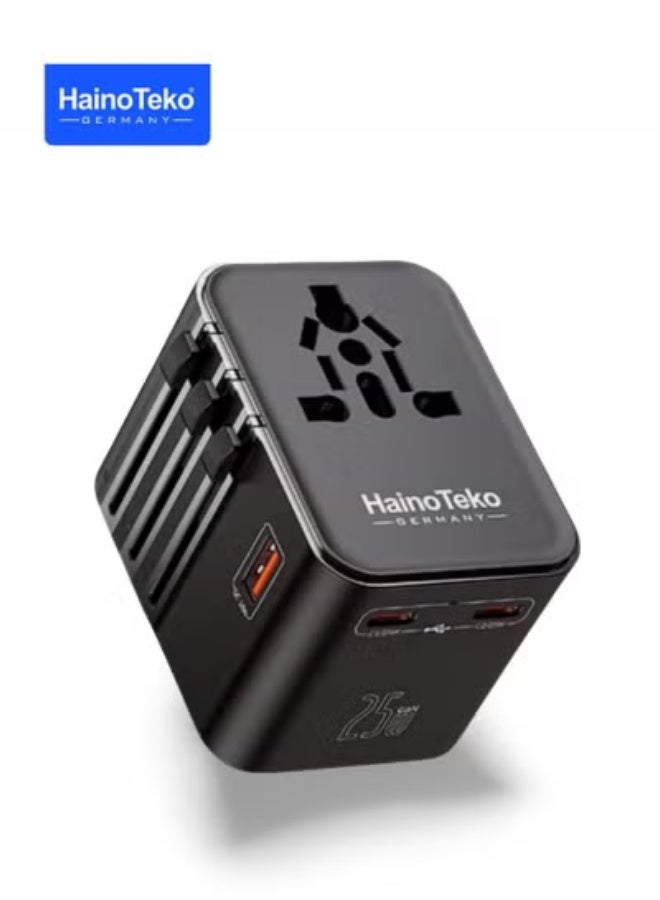 هينوتيكو Universal Travel Adapter 25W with USB-C & USB-A Ports – High-Speed Worldwide Charger with AC Outlet, Compatible with Europe, UK, US, AU & Asia – Compact International Power Adapter (Black) - Image 1