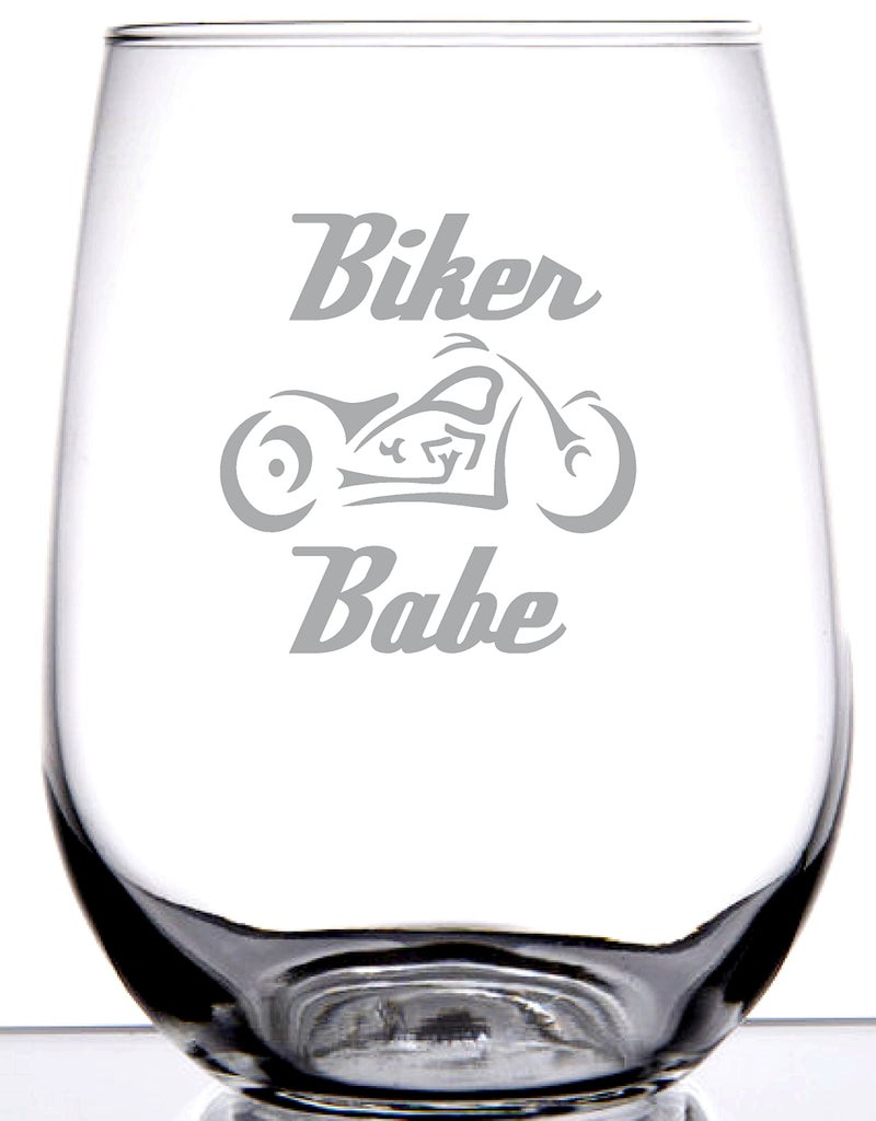 Biker Babe Stemless Wine Glass  Laser Etch Embedded Design  Motorcycle Biker Girl Woman  15 Ounce