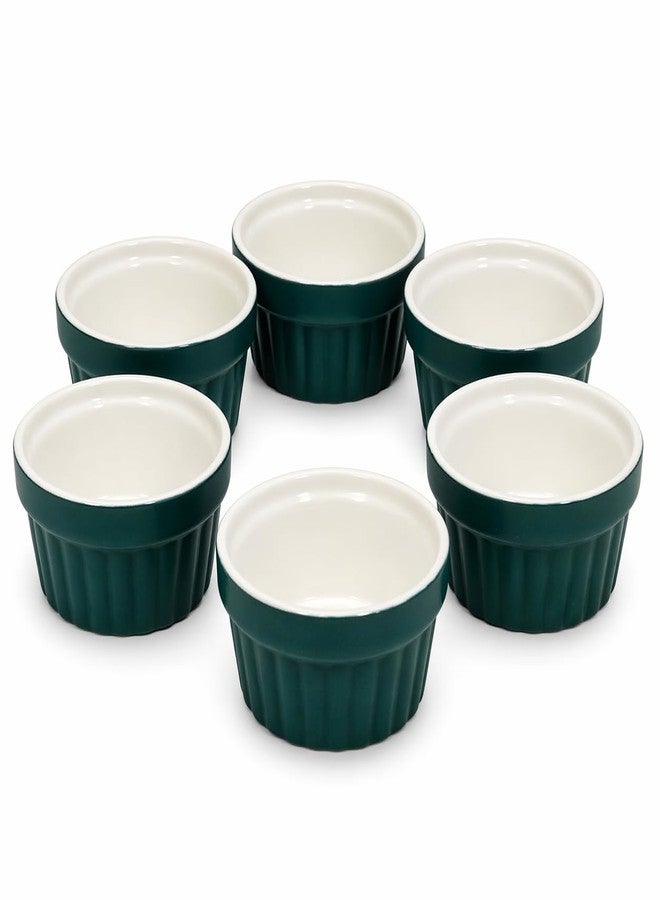 Mirakii Coloured Ceramic 35 ml Small Ramekin Bowl set of 6, for Serving Cupcake, Souffle, Pudding and Dessert (GREEN WHITE) - Image 1