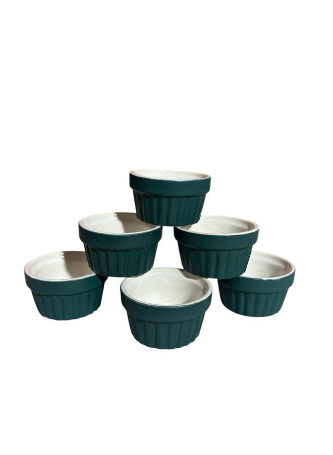 Mirakii Coloured Ceramic 35 ml Small Ramekin Bowl set of 6, for Serving Cupcake, Souffle, Pudding and Dessert (GREEN WHITE) - Image 5
