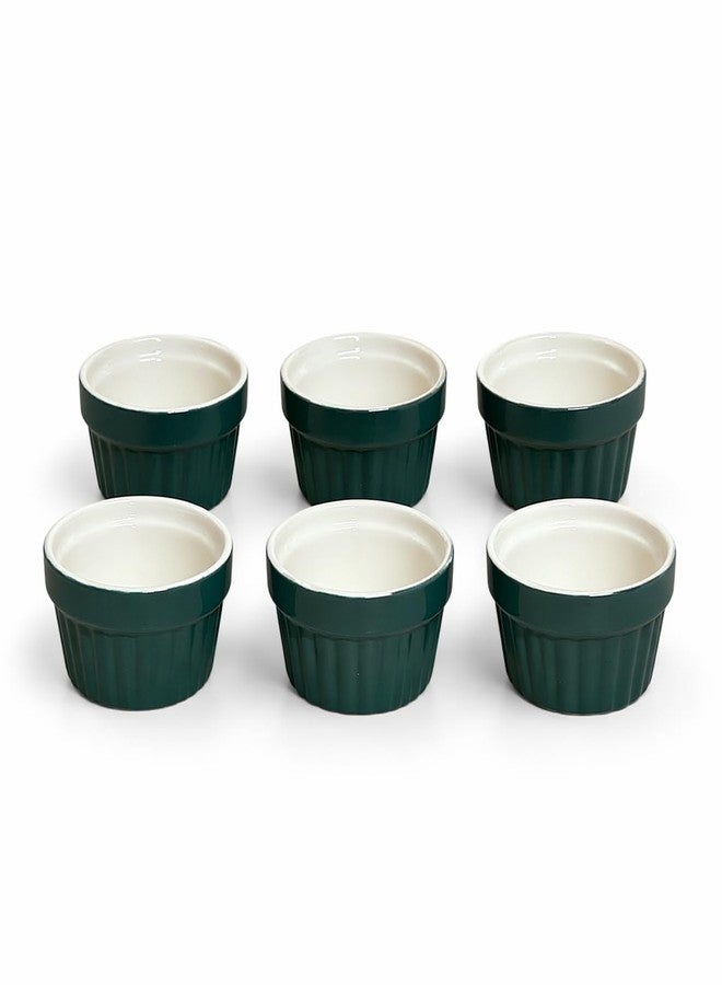 Mirakii Coloured Ceramic 35 ml Small Ramekin Bowl set of 6, for Serving Cupcake, Souffle, Pudding and Dessert (GREEN WHITE) - Image 2