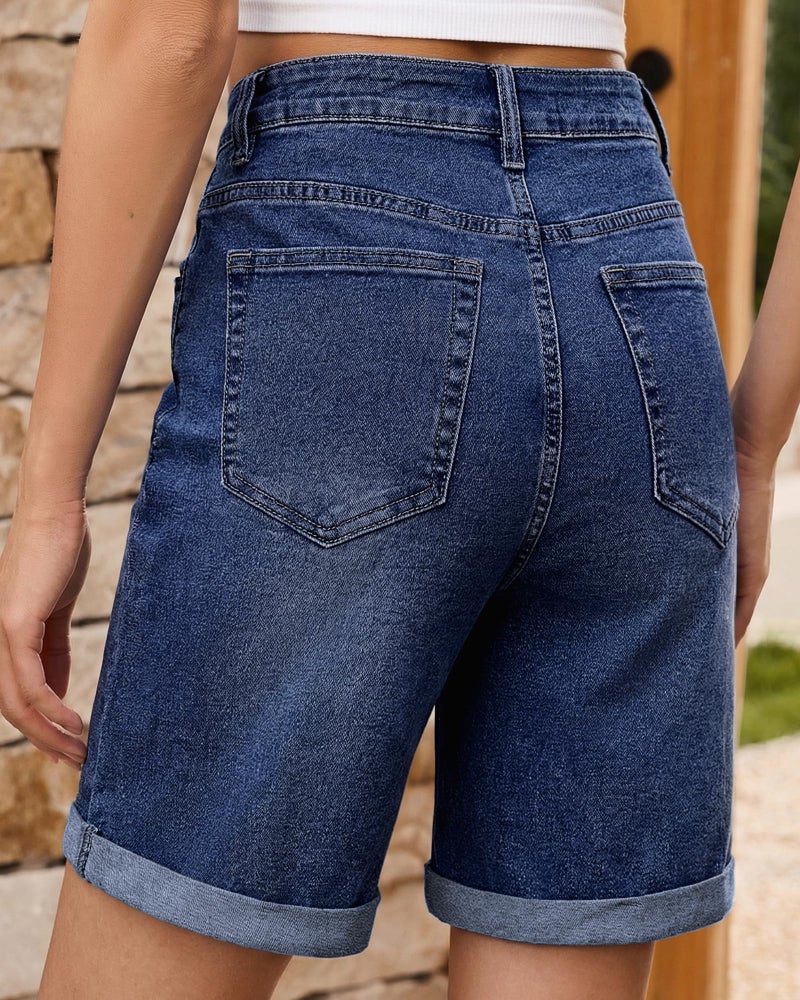 Vetinee Jeans Shorts for Women Plus Size Mid Thigh Shorts for Women High Waisted Summer Long Stretchy Mom High Rise Denim Loose Cute Ladies Casual Mid Thigh Trendy Woman Jorts Dark Blue Xx-Large - Image 3