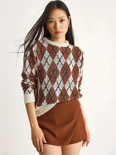 Bianco Lucci LUCCI Women’s Crew Neck Knitted Sweater with Diamond Pattern