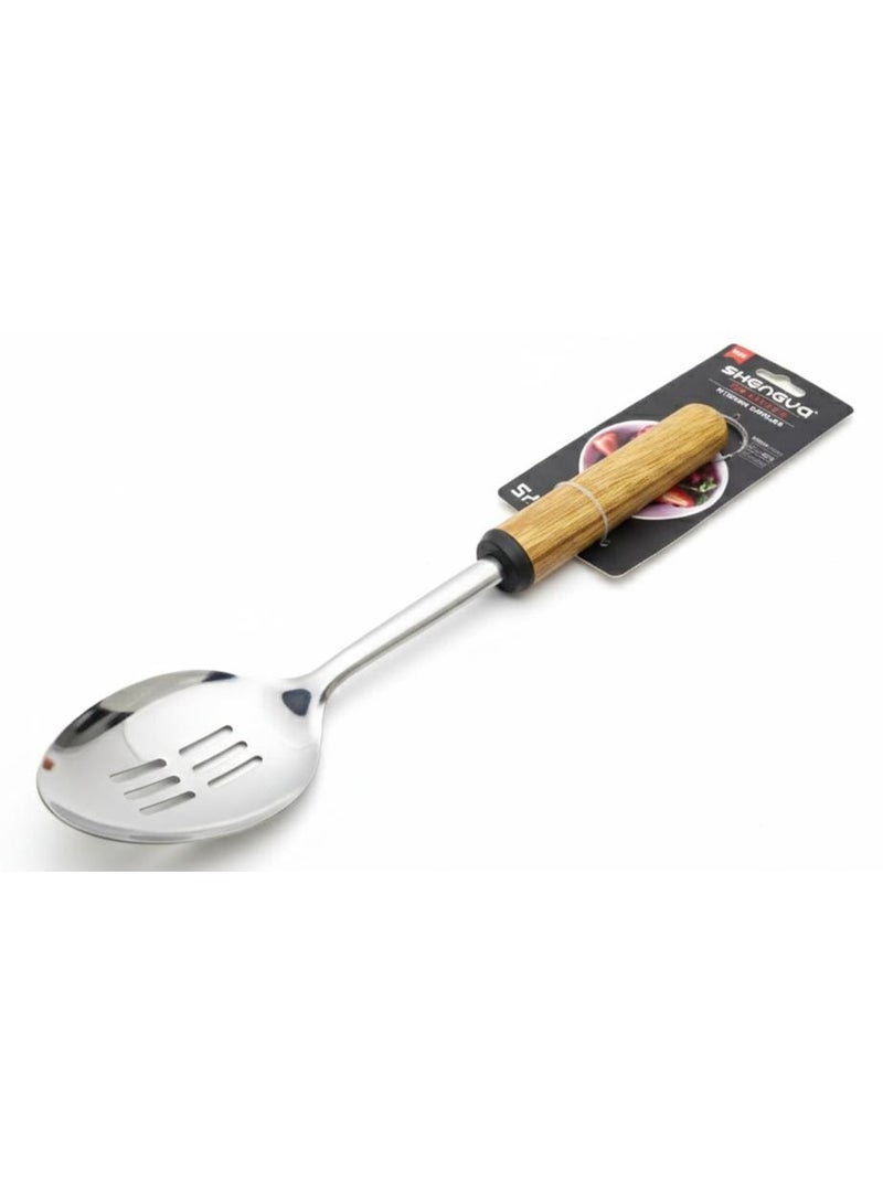 شنغيا ملعقة طهي مثقوبة من الفولاذ المقاوم للصدأ من شينغيا بمقبض خشبي - أداة تقديم متينة ومقاومة للصدأ (33 سم) - Image 1
