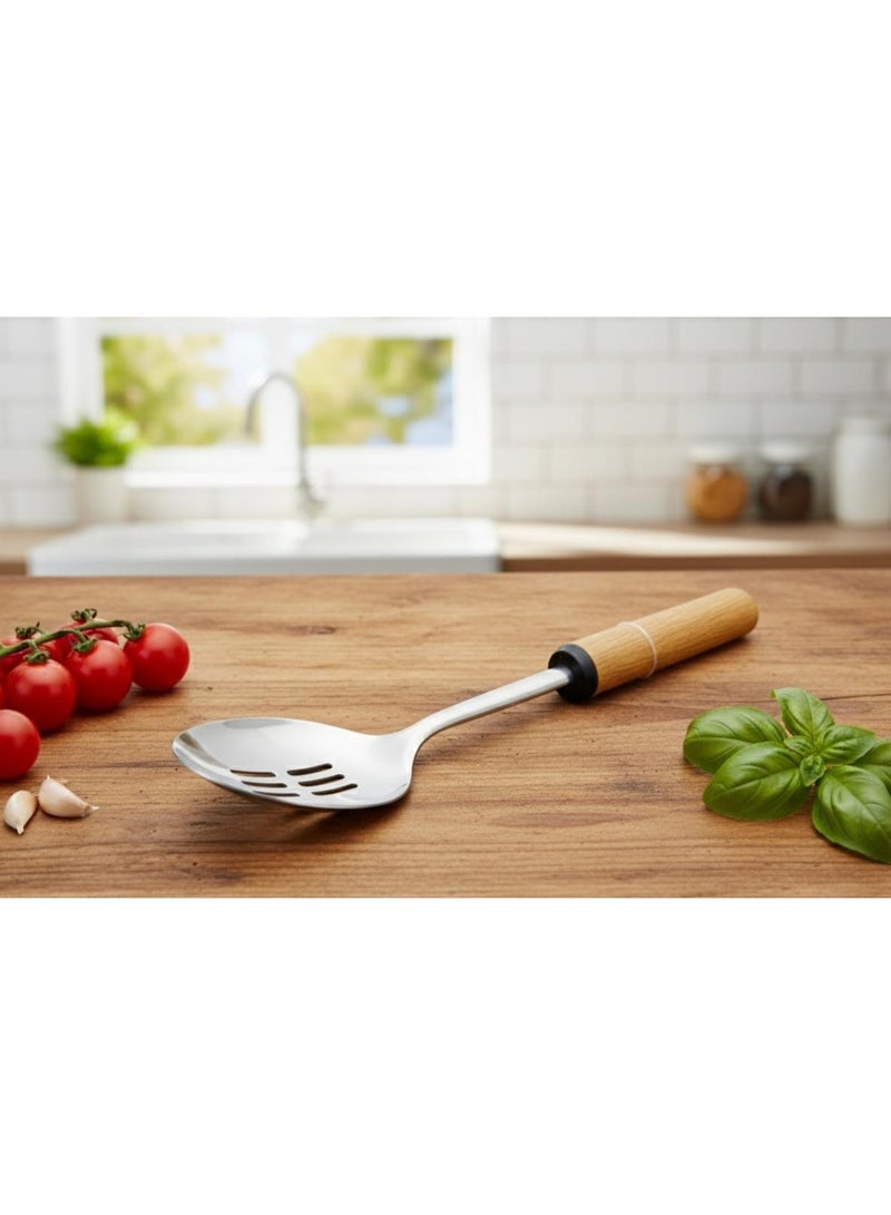 شنغيا ملعقة طهي مثقوبة من الفولاذ المقاوم للصدأ من شينغيا بمقبض خشبي - أداة تقديم متينة ومقاومة للصدأ (33 سم) - Image 2