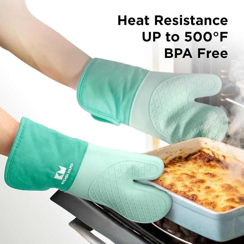 Kitchen Mama UltraShield Silicone Oven Mitts – Heat Resistant, Non-Slip Surface, Durable, Safe, Pot Holders, Flexible Waterproof Glove Set, Perfect for Cooking, Baking, Grilling, BBQ (Teal) - Image 3