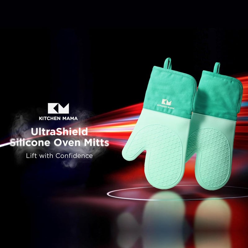 Kitchen Mama UltraShield Silicone Oven Mitts – Heat Resistant, Non-Slip Surface, Durable, Safe, Pot Holders, Flexible Waterproof Glove Set, Perfect for Cooking, Baking, Grilling, BBQ (Teal) - Image 2