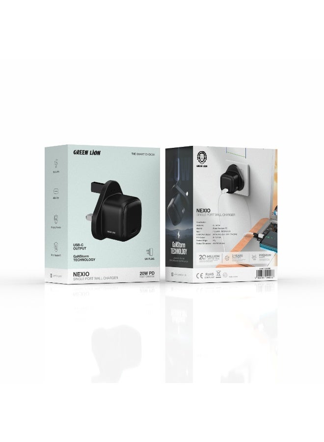 GREEN LION NEXIO Single Port Wall Charger UK Plug 20W 1C / Charging Protection / USB-C Port -Black - Image 2