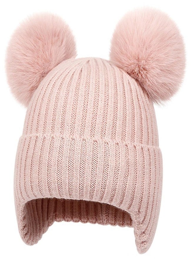 KORADI Girls Knit Hats Boys Winter Fleece Lining Beanie Kids Cuffed Earflap Skull Caps Ski Hat with Pom Pom 2-7 Years Pink - Image 1