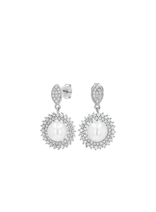 Genuine Cultured Pearl 925 Silver Earrings Classic White Cabochon