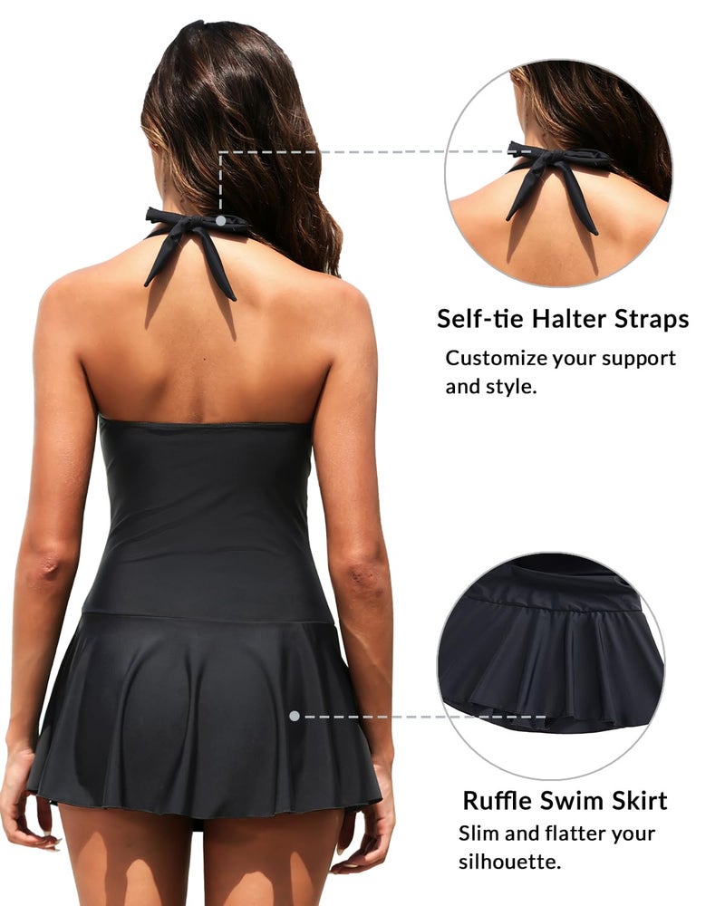 Tempt Me Women Black One Piece Swimsuit with Skirt Tummy Control Swim Dress Halter Vintage Bathing Suit M - Image 3