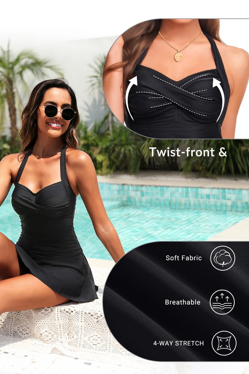 Tempt Me Women Black One Piece Swimsuit with Skirt Tummy Control Swim Dress Halter Vintage Bathing Suit M - Image 5