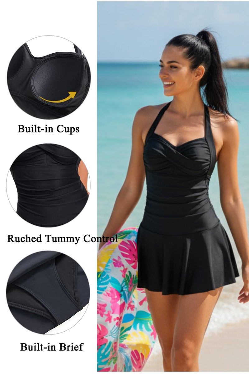 Tempt Me Women Black One Piece Swimsuit with Skirt Tummy Control Swim Dress Halter Vintage Bathing Suit M - Image 4