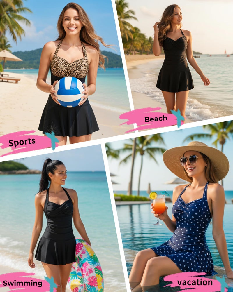 Tempt Me Women Black One Piece Swimsuit with Skirt Tummy Control Swim Dress Halter Vintage Bathing Suit M - Image 2