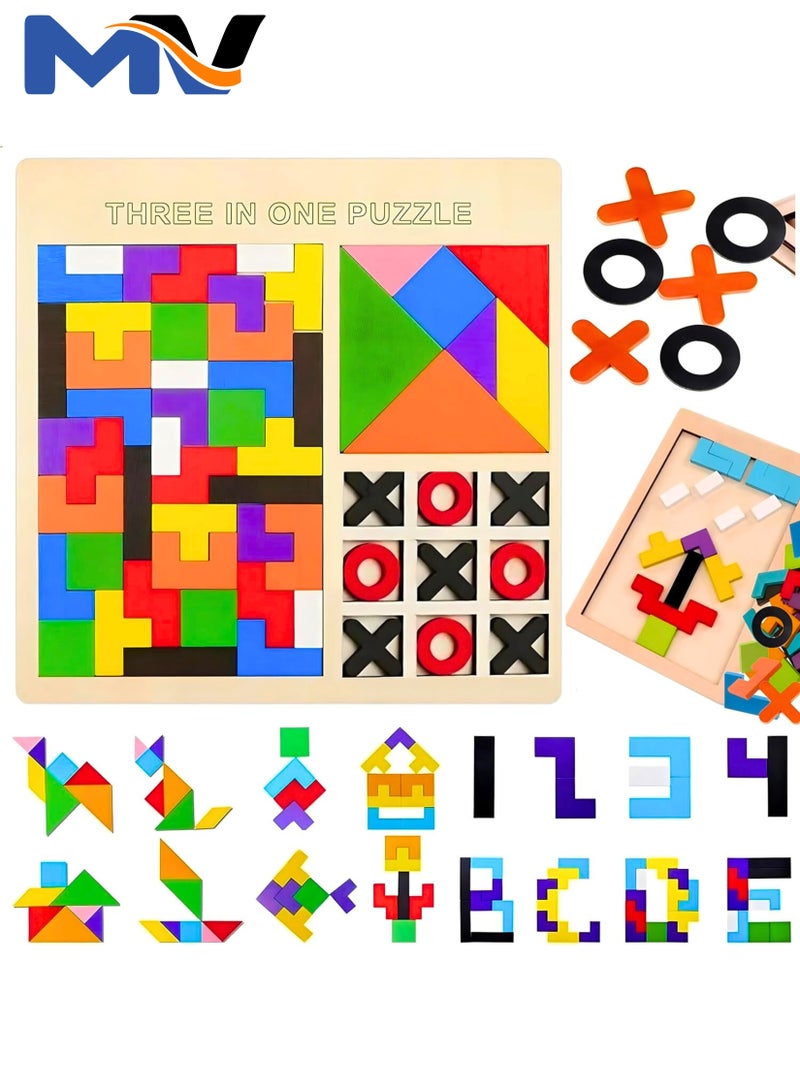 MAGIC VAULT Wooden Block Puzzle | 3 In 1 Toy Pattern Puzzle | CREATIVE PUZZLE Board Game | Brain Teasers Toy Tangram, Building Blocks Montessori Teaching Aids Wooden Toys, Colorful Jigsaw Game  - Image 1