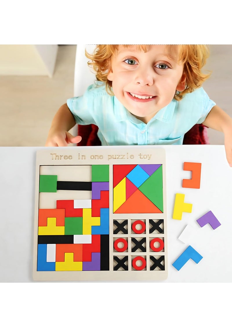 MAGIC VAULT Wooden Block Puzzle | 3 In 1 Toy Pattern Puzzle | CREATIVE PUZZLE Board Game | Brain Teasers Toy Tangram, Building Blocks Montessori Teaching Aids Wooden Toys, Colorful Jigsaw Game  - Image 2