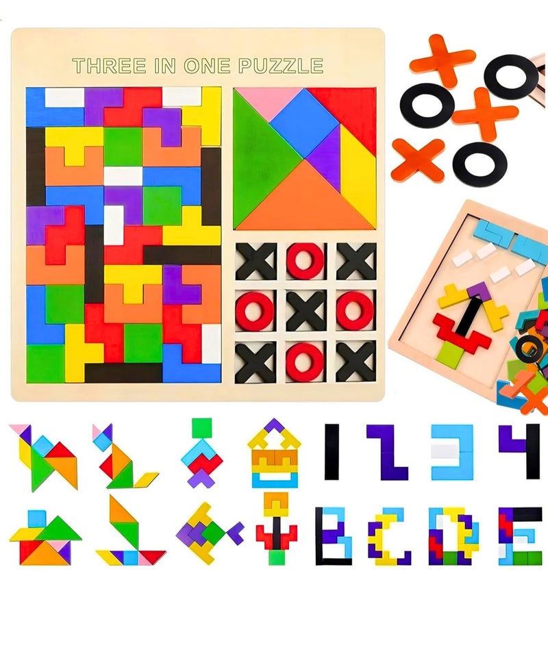 قبو سحري Wooden Block Puzzle | 3 In 1 Toy Pattern Puzzle | CREATIVE PUZZLE Board Game | Brain Teasers Toy Tangram, Building Blocks Montessori Teaching Aids Wooden Toys, Colorful Jigsaw Game - Image 1