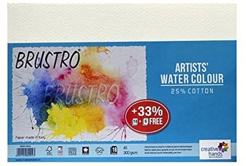 BRUSTRO ورق ألوان مائية BRUSTRO Artists 25% قطن | 300 GSM، A5، مضغوط بارد | عبوة من 24 ورقة - Image 1