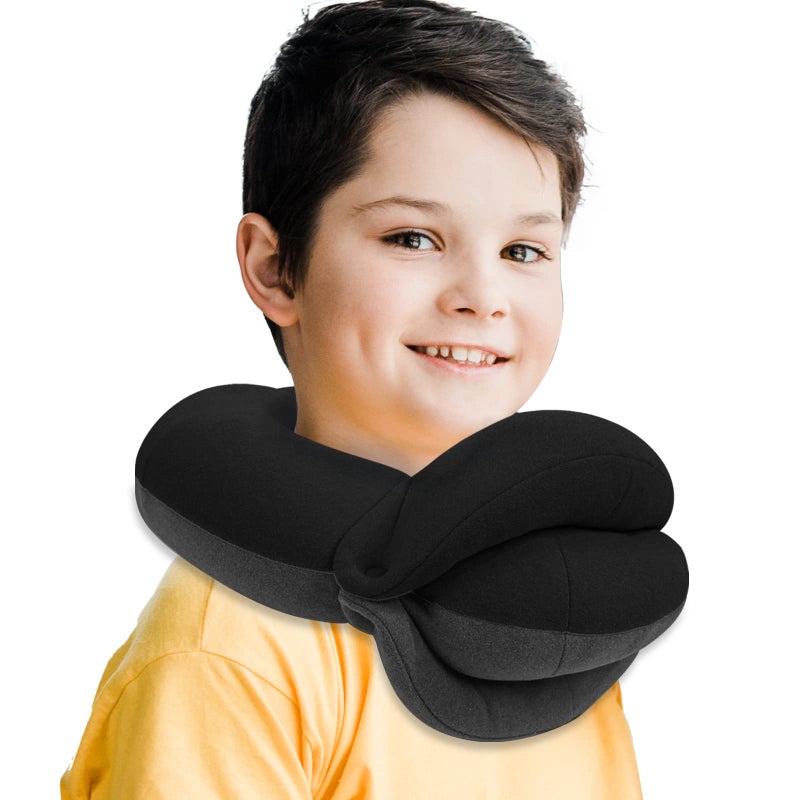 BUYUE Kids Travel Pillows for Airplane 360 Head Support Sleeping Essentials for Boys Long Flight SkinFriendly Soft Neck Pillow for Traveling in Car Seat Small Black Grey 4090 lbs